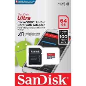 SanDisk 64GB Ultra microSDXC UHS-I Memory Card with Adapter - 100MB/s, C10, U1, Full HD, A1, Micro SD Card - SDSQUAR-064G-GN6MA